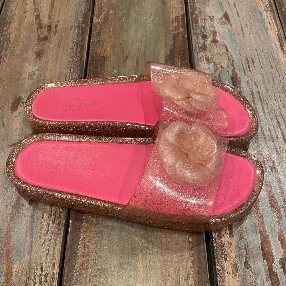 Kate Spade Splash Glitter Pink Slides Sandals 3D Floral Rosettes Logo Size 9 - Picture 8 of 9